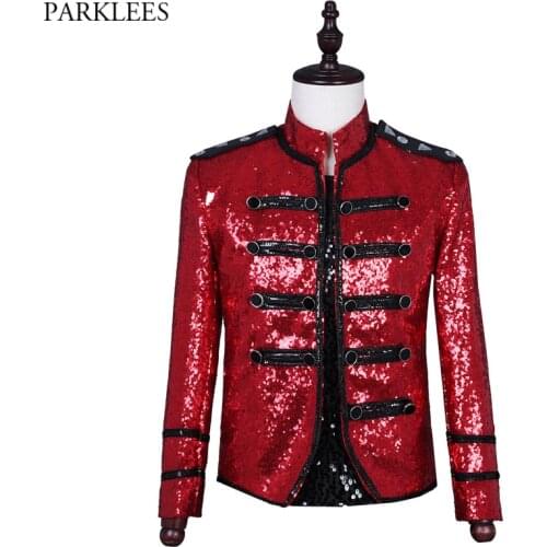 Mens Red Sequin Steampunk Military Jacket Double Breasted Punk Gothic Parade Suit Jacket Men Party Singer Show Prom Costume 3XL
