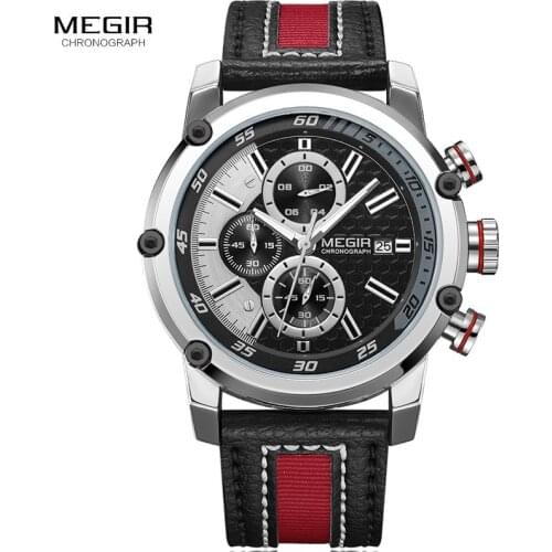 Mens Black Red Chronograph Quartz Watches Leather Strap Army Sports Stop Wrist Watch Clock Man Relogios Masculino 2079GBK-1