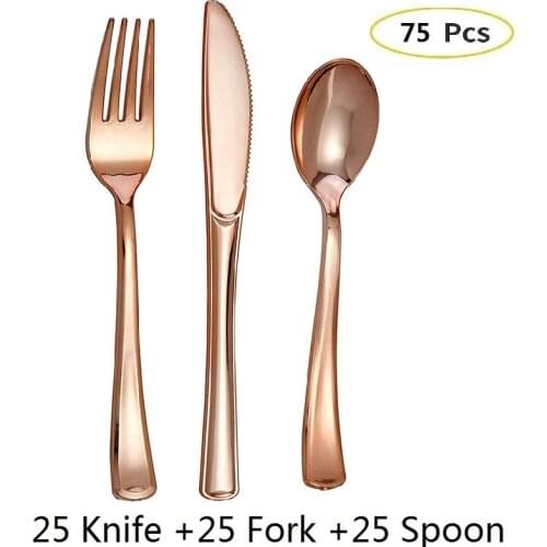 Disposable Plastic Cutlery set Rose Gold Silverware Wedding Party Utensil 75pcs 25set Birthday Golden Dinner Knives Forks Spoons