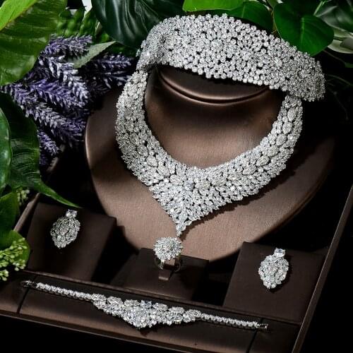 HIBRIDE Full Cubic Zirconia Wedding Jewelry Set Charm Flower Bridemaid Crown Big Necklace Ring Earring Bracelet Set Dubai N-1645
