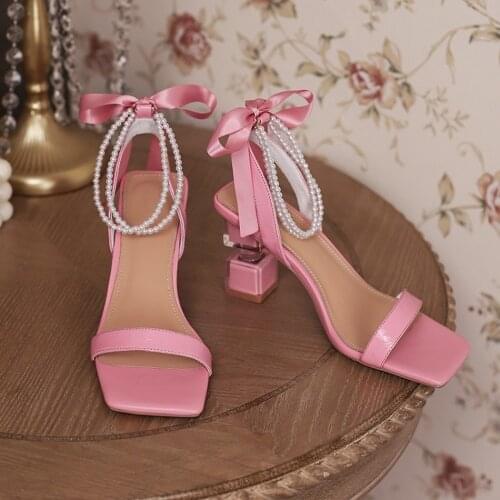 Womens Peep Toe Genuine Leather Strange High Heel Sandals Bowtie Pearls Belt Buckle Shoes Luxury New 2021