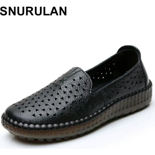 SNURULAN Hollow out single shoes 2021summer womens shoes flat sole real leather shoes soft sole Doudou shoes casual moms hole