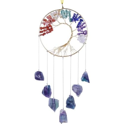 TUMBEELLUWA Handmade 7 Chakra Stones Tree of Life Window Wall Hanging Ornaments with Natural Raw Crystal for Home Garden Decor