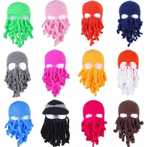 Funny Crochet Knit Beard Octopus Hat Solid Color Winter Warm Cosplay Beanie Cap