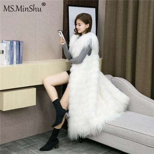 MS.MinShu Genuine Fur Vest Long Coat Winter Mongolian Lamb Fur Vest Waistcoat Real Fur Vest Fluffy Fur Gilet Female Fashion coat