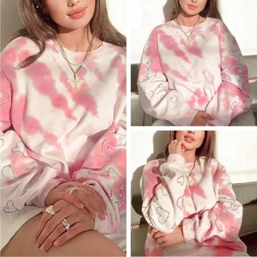 Woman Valentines Day Casual Pullover, Round Neck Long Sleeve Heart Bronzing Diamond Tie-dye Print Loose Tops