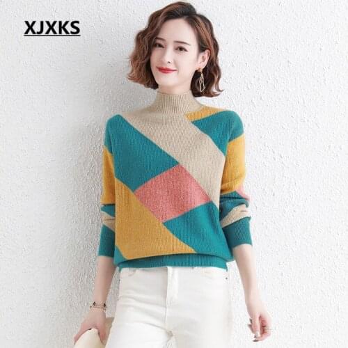 XJXKS 2021 autumn winter new women turtleneck sweater fashion geometric pattern wool knitted sweater women pullover