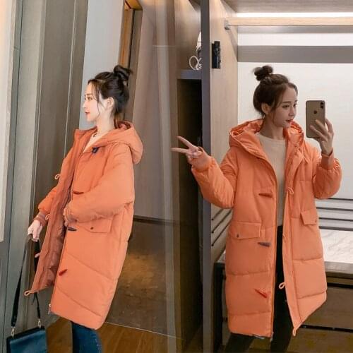 Cotton Coat Womens 2020 Winter New Style Korean Fashion Loose Cotton Clothing Long Hooded Horn Buckle Padded Coat Female Q183