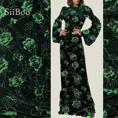 100% Pure silk bottom with velvet fabric for dress luxury floral bronzing dark green velvet silk fabric tissu tecidos SP4475