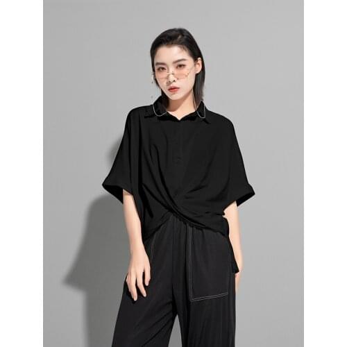 European and American style personality asymmetric fashion T-shirt 2021 summer new short front and long back polo collar top