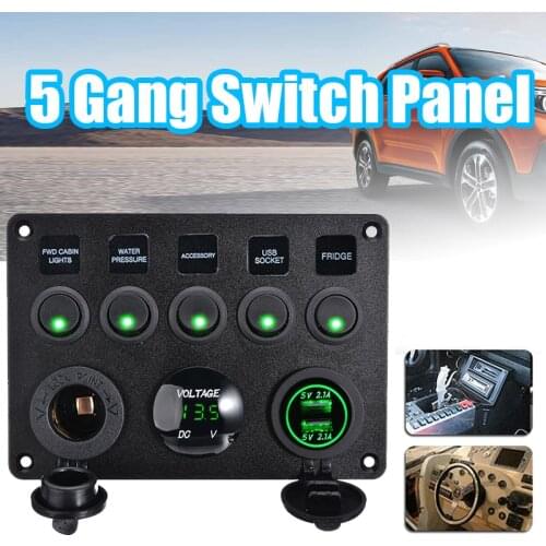 Car Truck ATV 5 Gang Rocker Toggle Switch Panel + 12V Power Socket Outlet + 2USB +Voltmeter ABS Aluminium Plate Green LED