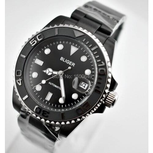BLIGER 40mm Style PVD black steel case Ceramic Bezel sapphire glass blackd Folding buckle date Luminous Automatic men watches