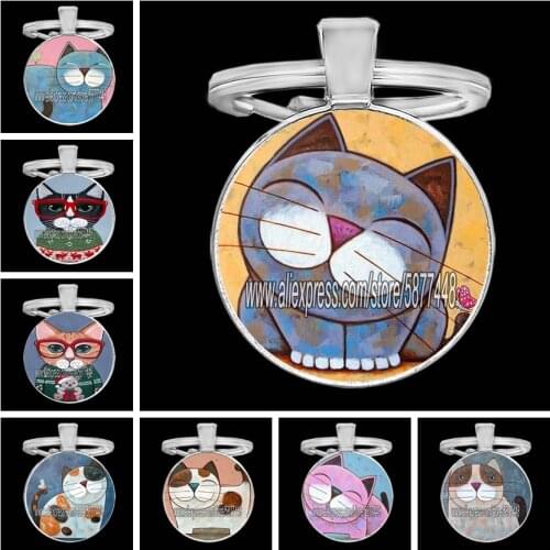 Lovely Childrens Painting Cat Girl 25mm Glass Cabochon Keychain Fat Cartoon Cat Key Ring Keyholder for Girlfriend Gift