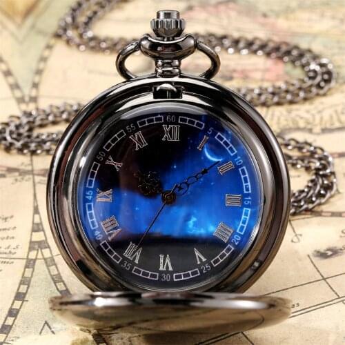 Starry Blue Dial Roman Numerals Quartz Pocket Watch Smooth Black/Silver Full Hunter Retro Pendant Watches reloj de bolsillo