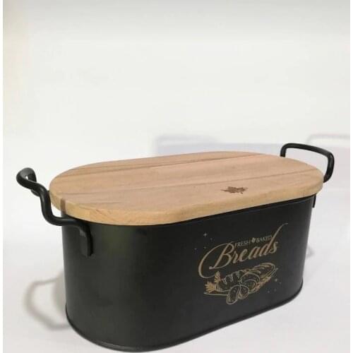 Black Metal Wrought Iron Bread Bread Box With Wooden Cutting Board