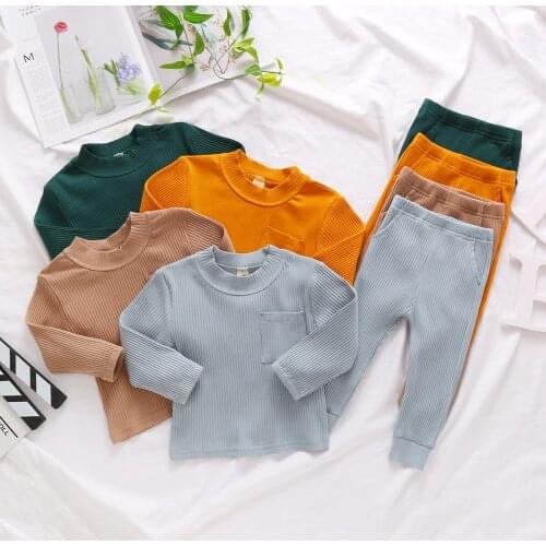 Baby Unisex Suits Long Sleeves O-neck Tops+ Trousers Solid Color with Pockets Casual Outfit Elastic Waist Spring Clothing