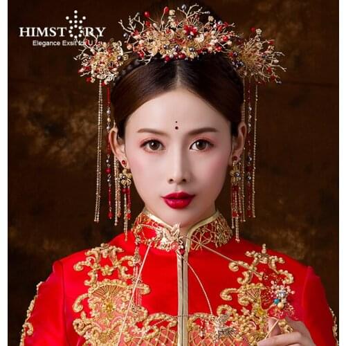 HIMSTORY Traditional Chinese Style Red Pearl Long Tassel Hair Ornament Vintage Bridal Headdress Wedding Hairpins Hair Accessory