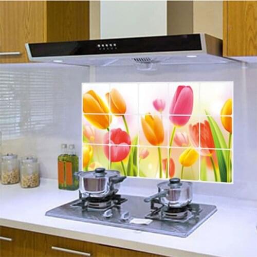 Kitchen Oil Proof Stickers Paper Charming Flower Tulip Pattern Wall Stickers Aluminum Foil Kitchen Sticker Decals Room Decor