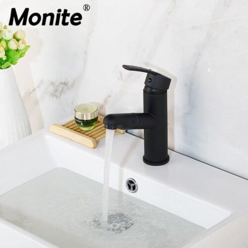 Monite Pull Out Bathroom Faucet Hot & Cold Black Painting Deck Mounted Water Mixer Crane Pull Down Kitchen Sink Water Tap