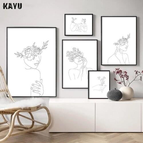 Simplicity Line Drawing Poster and Print Black White Abstract Flower Woman Artwork Canvas Painting Wall Art Picture Home Decor