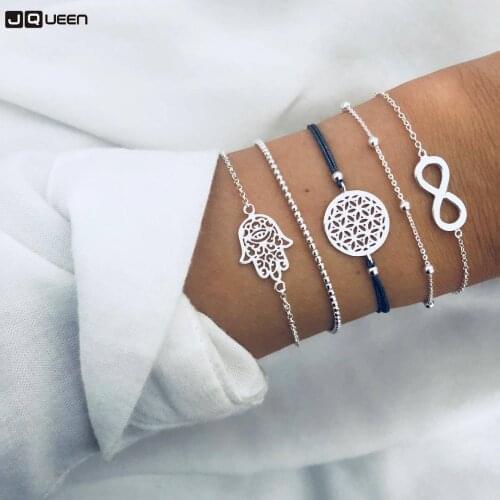 New 5 Pcs/Set Punk Retro Palm Map Digital 8 Bead Gem Chain Pendant Bracelet Set Female Charm Multilayer Bracelet Set