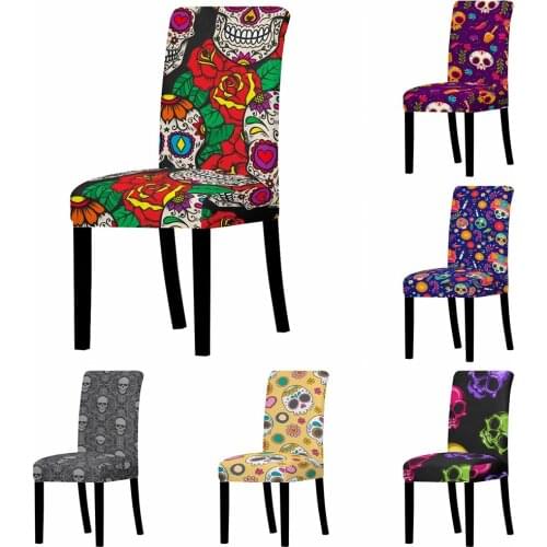 New Skull Chair Covers Spandex Stretch Restaurant Seat Cover Wedding Banquet Colourful Flowers Seat Cover Removable Chair Cover