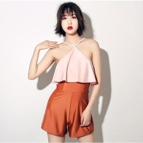 2018 summer Hot New Thailand style Fine shoulder strap Slimming solid color splicing pink conjoined flat skirt swimsuit