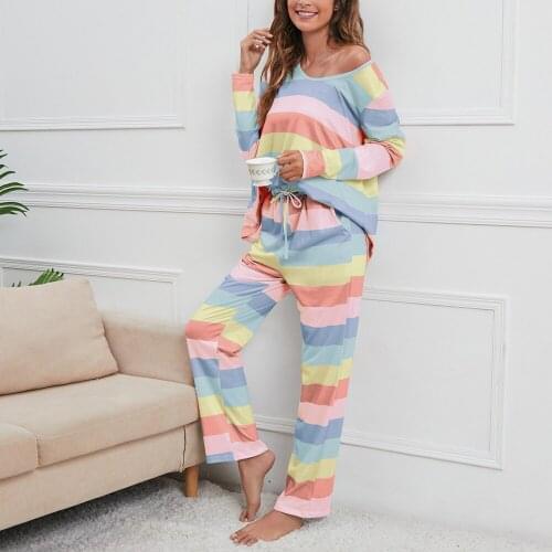 New Womens Pajamas Set Sleepwear Female Sleep Long-Sleeved Trousers Two Piece Loungewear Plus Size Stripes Home Wear Casual Suit