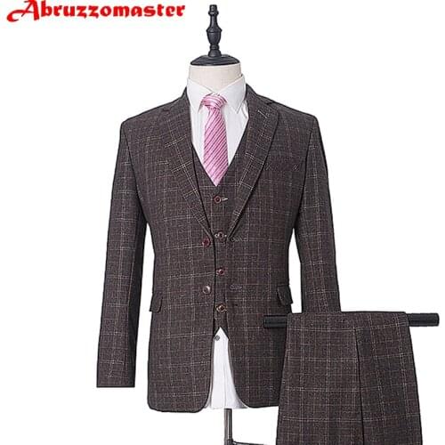 Single Breasted Dinner Suit Grey Wedding suit woolblend Blazer Grey Plaid Suit Groom Tuxedos England Suits Jacket+pants+vest