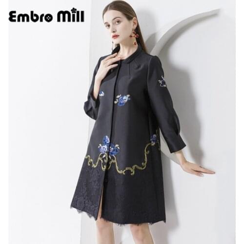 Autumn And Winter Silk Wool Stitching Lace Embroidery Vintage Style Wrist Sleeve Womens Elegant Coat M-XXL