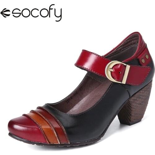 SOCOFY Retro Splicing Metal Buckle Strap Genuine Leather Easy To Match Comfy Pumps Shoes Women Shoes Botas Mujer 2020