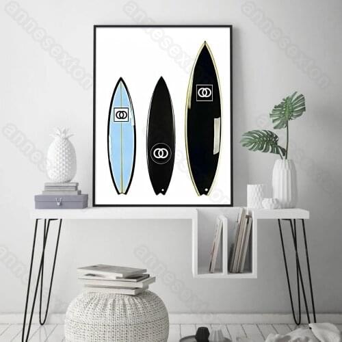 Modern Style Canvas Painting Fashion Black Blue Surfboard Posters Prints Elegant Surfboard for Home Rooms Gallery Wall Decoratio