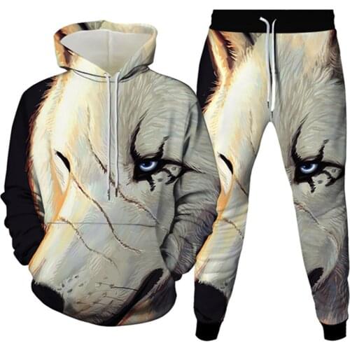 Men Two Piece Tracksuit Clothes Harajuku Animal Wolf Print Women Spring Autumn Suit Hoodie Trousers Sets Plus Size S-6XL Outfit