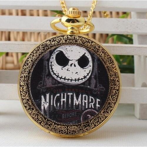 Tim Nightmare Before Christmas Quartz Pocket Watch Analog Pendant Necklace Mens Womens Christmas Xmas Gift Chain KJH6352