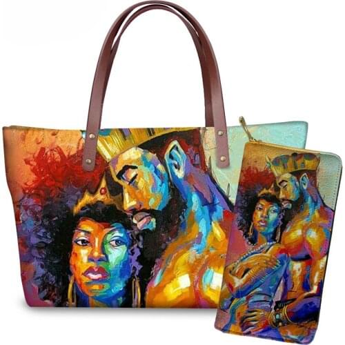 NOISYDESIGNS 2pcs Women Handbags Sets Black Queen African Girls Printing Large Shoulder Tote Bags Ladies Hand Bag&Purse Feminine