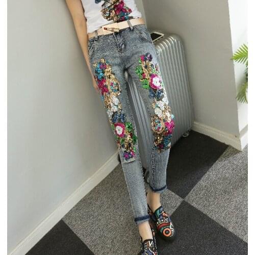 KL1211 Strongly individualizes broken women denim jeans high quality handmade sequined female pencil pants