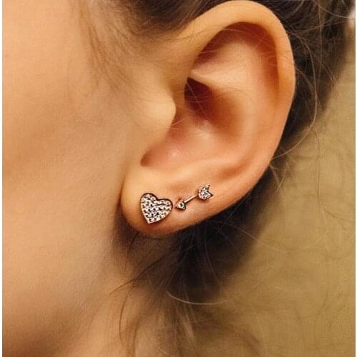 Women Romantic Arrow Heart Stud Earrings Cute Jewelry Simple Cyrstal Studs For Fashion Girls Gift 925 Sterling Silver Earrings