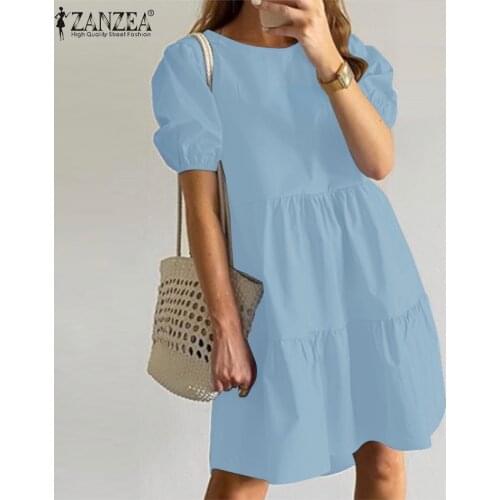 Womens Summer Ruffle Sundress ZANZEA Stylish Short Puff Sleeve Dress Casual Knee Length Vestidos Female Solid Femme Plus Size