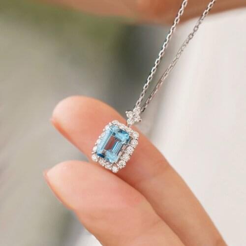Boho Female Aqua Blue Pendant Necklace Charm Silver Color Chain Necklace Cute Square Zircon Stone Wedding Necklaces For Women