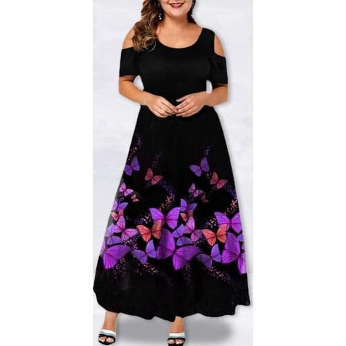 Evening Party Dress Women Purple Butterflies Print Off Shouder Women Short Sleeve Large Hem Formal Dress Banquet Wedding L-6XL