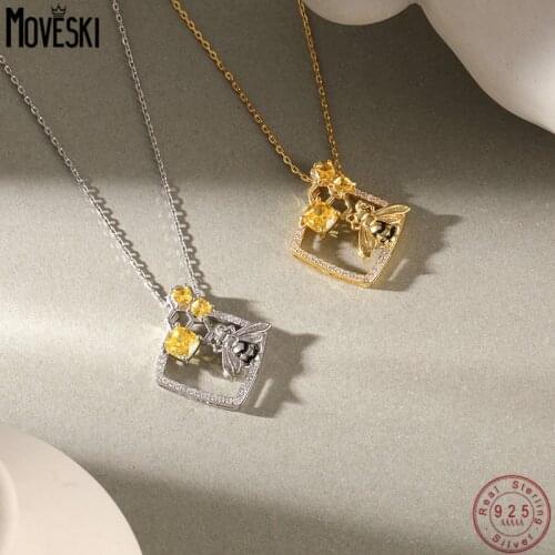 MOVESKI 925 Sterling Silver Vintage Bee Zircon Pendant Necklace for Women Chain Link Necklaces Silver 925 Jewelry