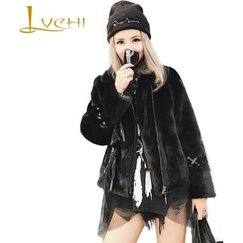 LVCHI Winter 2019 Real Fur Mink Coat Rope Black Natural Fur Causal Coat Womens Turn-Down Collar Tassel Short Loss Mink Coats