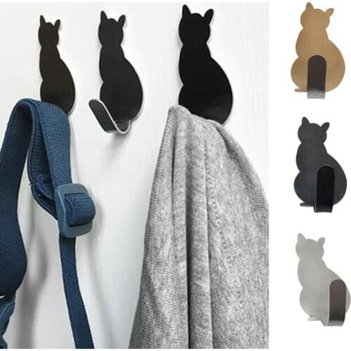 2Pc Wall Mount Hook Stainless Steel Cat-shaped Hooks for Kitchen Bathroom Adhesive Racks Towel Coat Hanger Key Holder Wall Decor