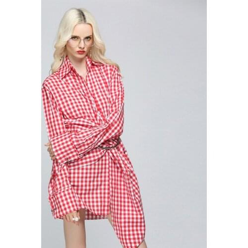 2019 Autumn Classic Print Plaid Shirt Dress Ladies Long Sleeve Singer Button Novelty Ladies Dress Red Asymmetrical Womens Dress