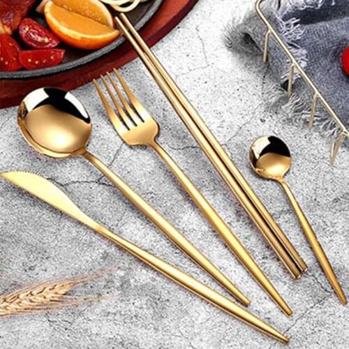 8PCS Gold Cutlery Sets Golden Spoons Cutlery SetStainless Steel Knife Fork Coffee Spoon Chopsticks Mirror Dinnerware Set