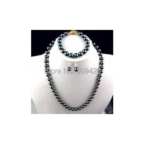 Free Shipping >>>>8MM black sea shell Pearl Earring bracelet necklace set