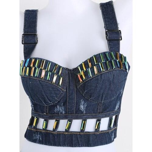 Cupplee Glitter Crystal Decor Women Distressed Denim Blue Crop Top Adjustable Strap Skinny Sexy Bralette Tanks Dance Cami