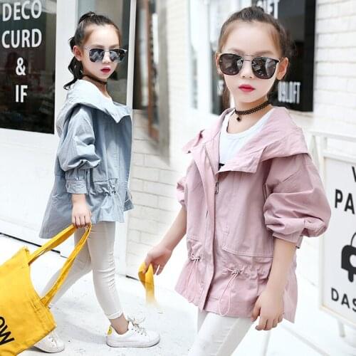 2020 Spring Fall New Girls Leisure Thin Coat Korean Childrens Solid Loose Windbreaker Kids Waisted Hooded Jacket Outerwear X177