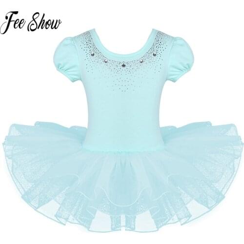 Class Dance Clothes Kids Girls Mesh Short Bubble Sleeves Sparkly Rhinestones Ballet Dance Gymnastics Leotard Tutu Dress