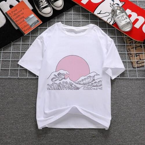Great wave and Sunrise Printed Women T Shirt Aesthetic Tshirts Short Sleeve Casual White Top Tee Female Harajuku T-Shirts Woman